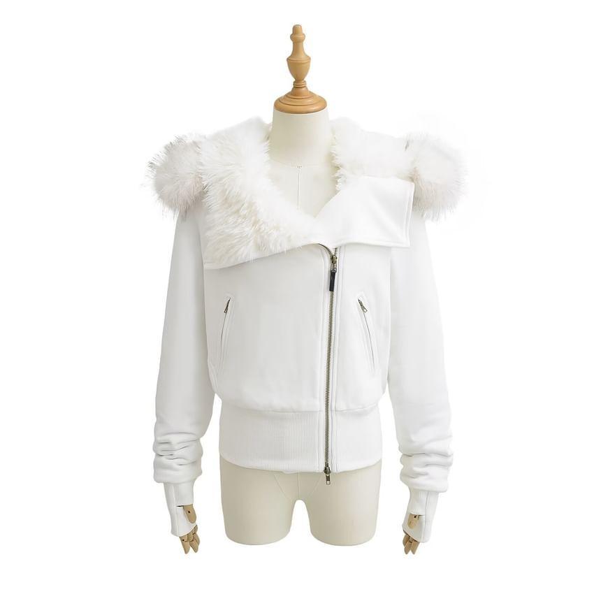 Long Sleeve Plain Fleeced Furry-Trim Hooded Zip-Up Jacket Product Image