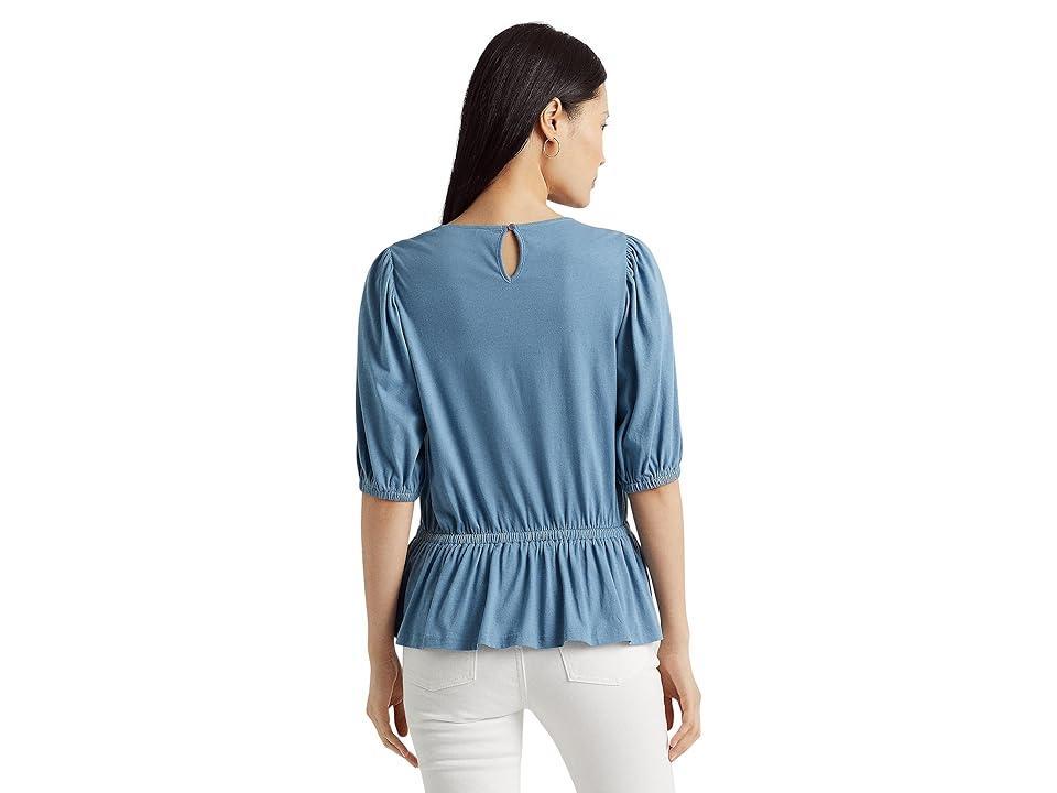 LAUREN Ralph Lauren Lace-Trim Jersey Peplum Top (Provincial Blue) Women's Clothing Product Image