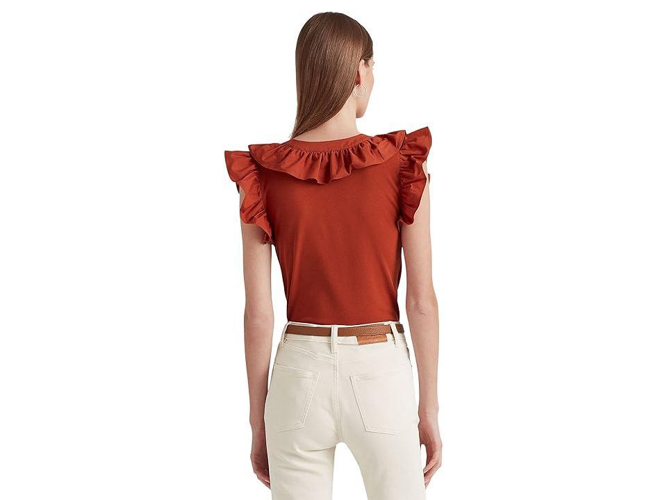 Lauren Ralph Lauren Ruffle-Trim Cotton Sleeveless Top Sunstone) Women's Clothing Product Image