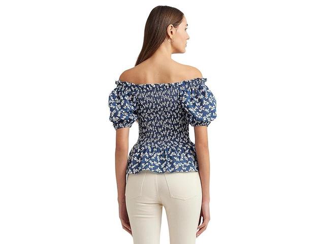 LAUREN Ralph Lauren Floral Cotton Voile Peplum Blouse Cream) Women's Clothing Product Image