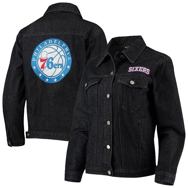 Womens The Wild Collective Black Philadelphia 76ers Patch Denim Button-Up Jacket Product Image