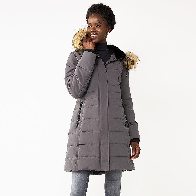 Womens Nine West Faux-Fur Hood Puffer Jacket Grey Product Image