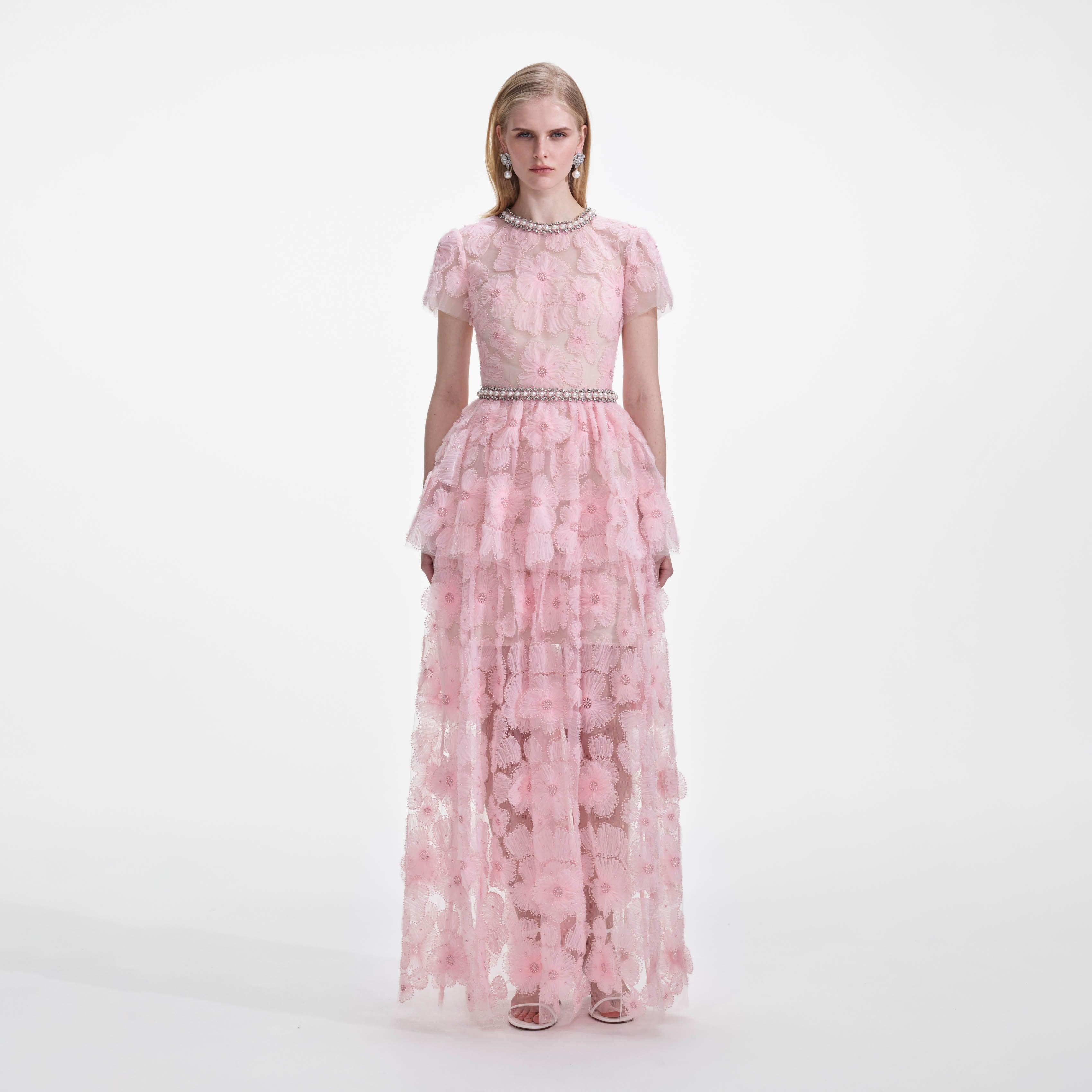 Pink Embellished Tulle Maxi Dress Product Image