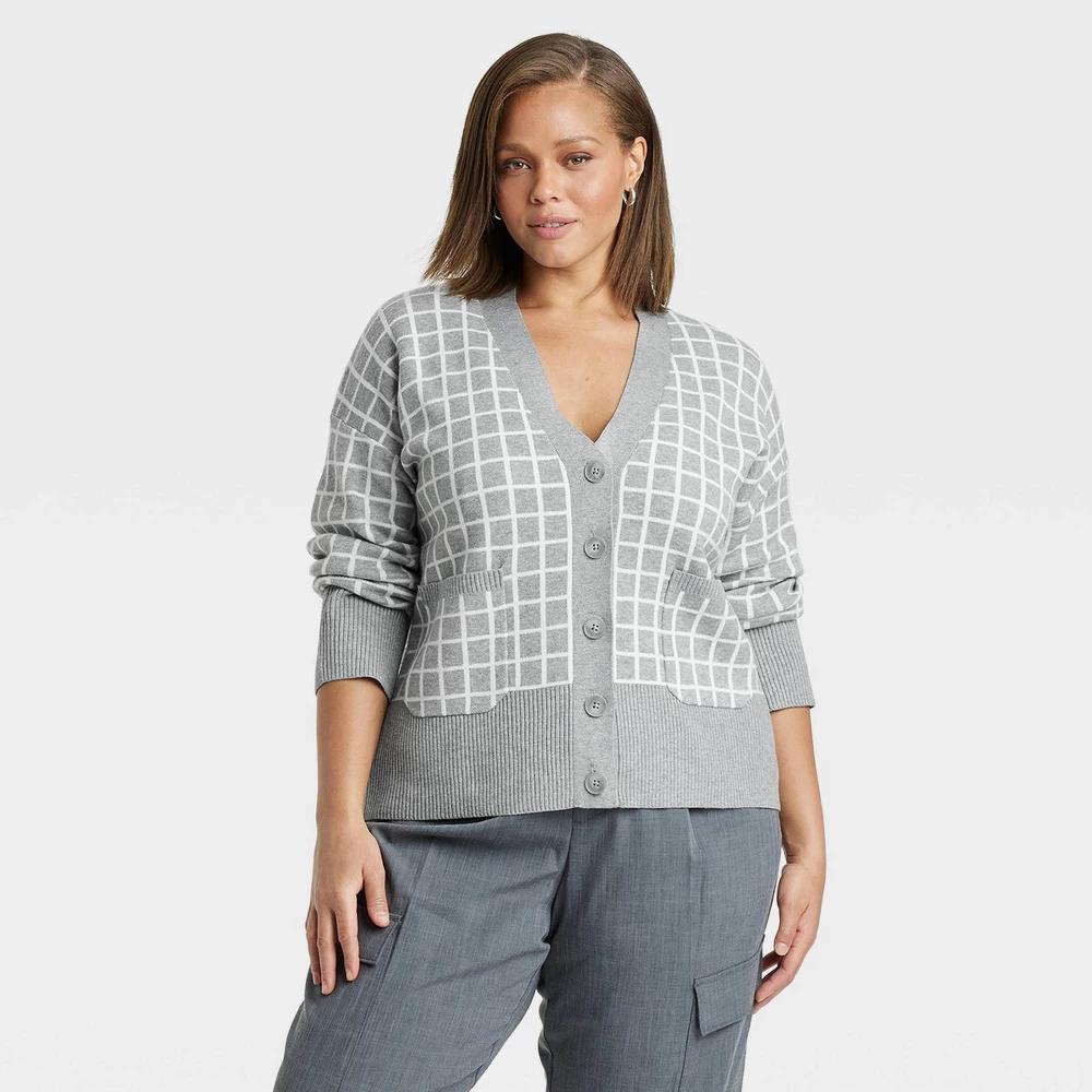 Womens Cozy Knit Everyday Cardigan - A New Day Light Windowpane XXL Product Image