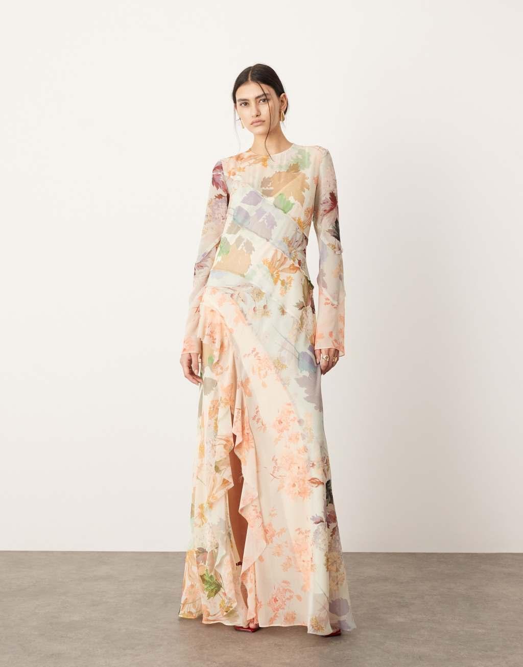 ASOS EDITION long sleeve bias cut paneled maxi dress in pink floral print Product Image