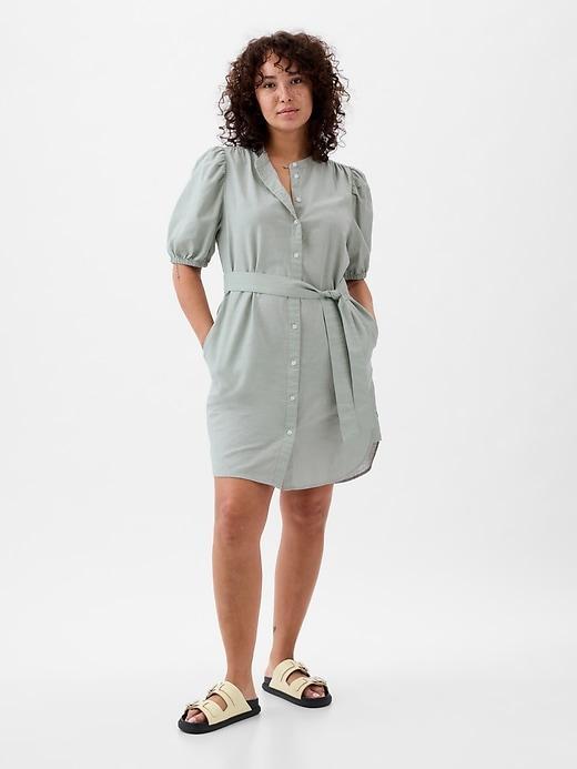 Linen-Cotton Puff-Sleeve Mini Shirtdress Product Image