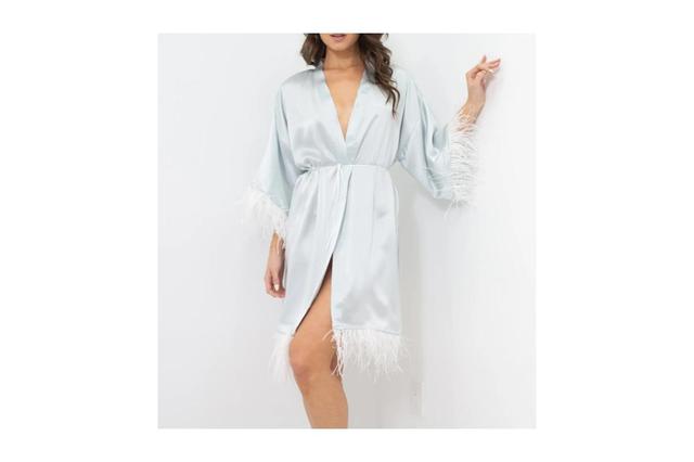 Womens Silk Robe - Short - Ostrich Feather Trim Hem and Sleeve - Silk Collection Product Image