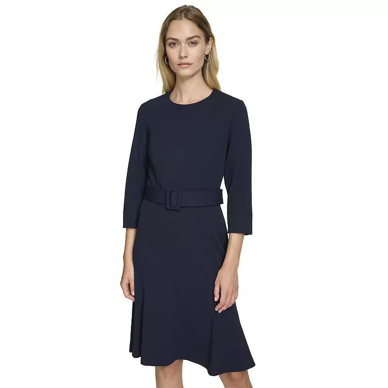 Womens Andrew Marc Belted Fit & Flare Mini Dress Blue Product Image