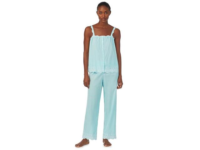 LAUREN Ralph Lauren Eyelet Trimmed Ankle Pants PJ Set (Turquoise Gingham) Women's Pajama Sets Product Image