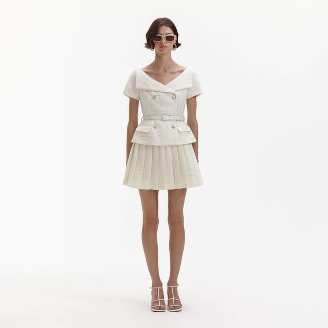 Cream Boucle Pleated Mini Dress Product Image