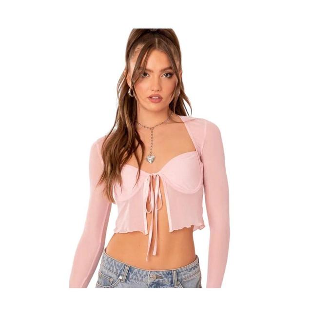 EDIKTED Sheer Mesh Crop Top in Light-Pink at Nordstrom, Size X-Large Product Image