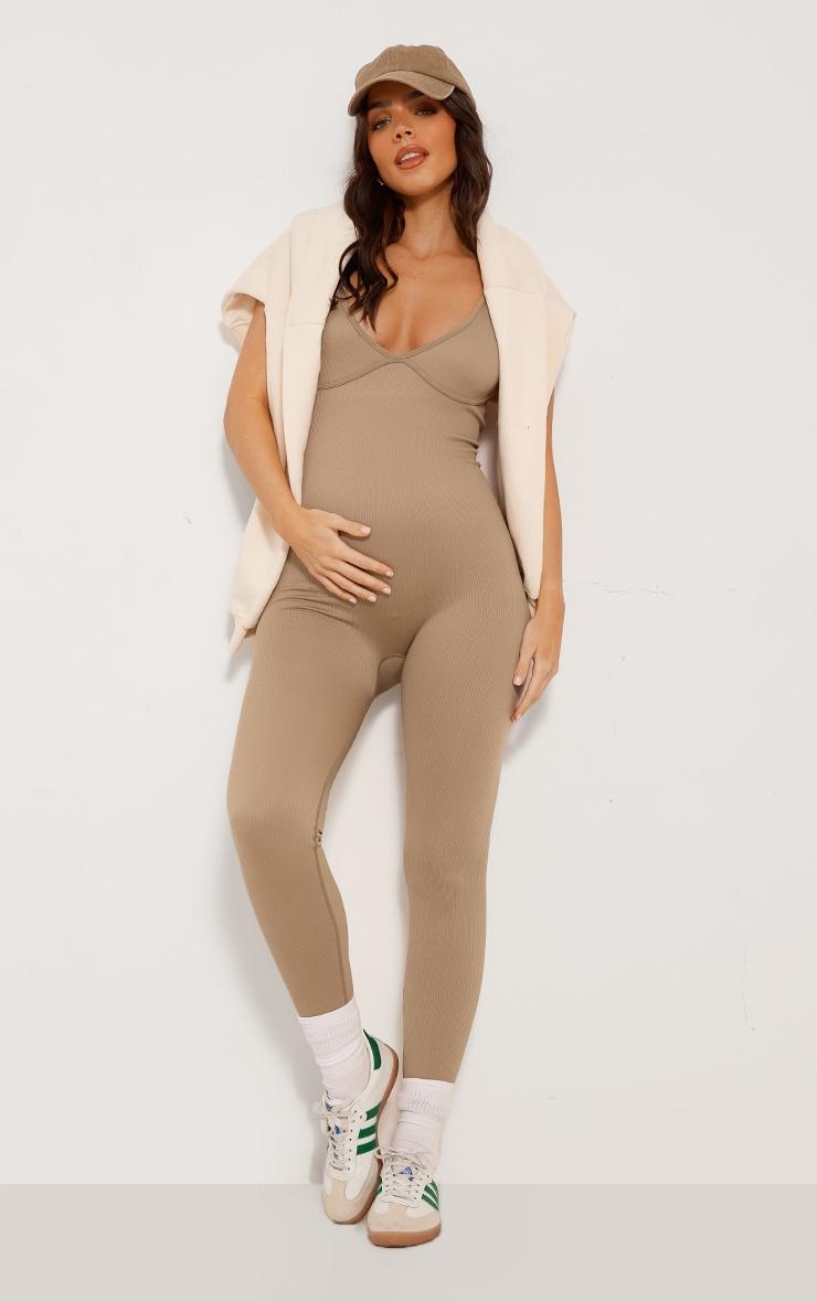 Maternity Pale Khaki Underbust Detail Snatched Rib Jumpsuit Product Image