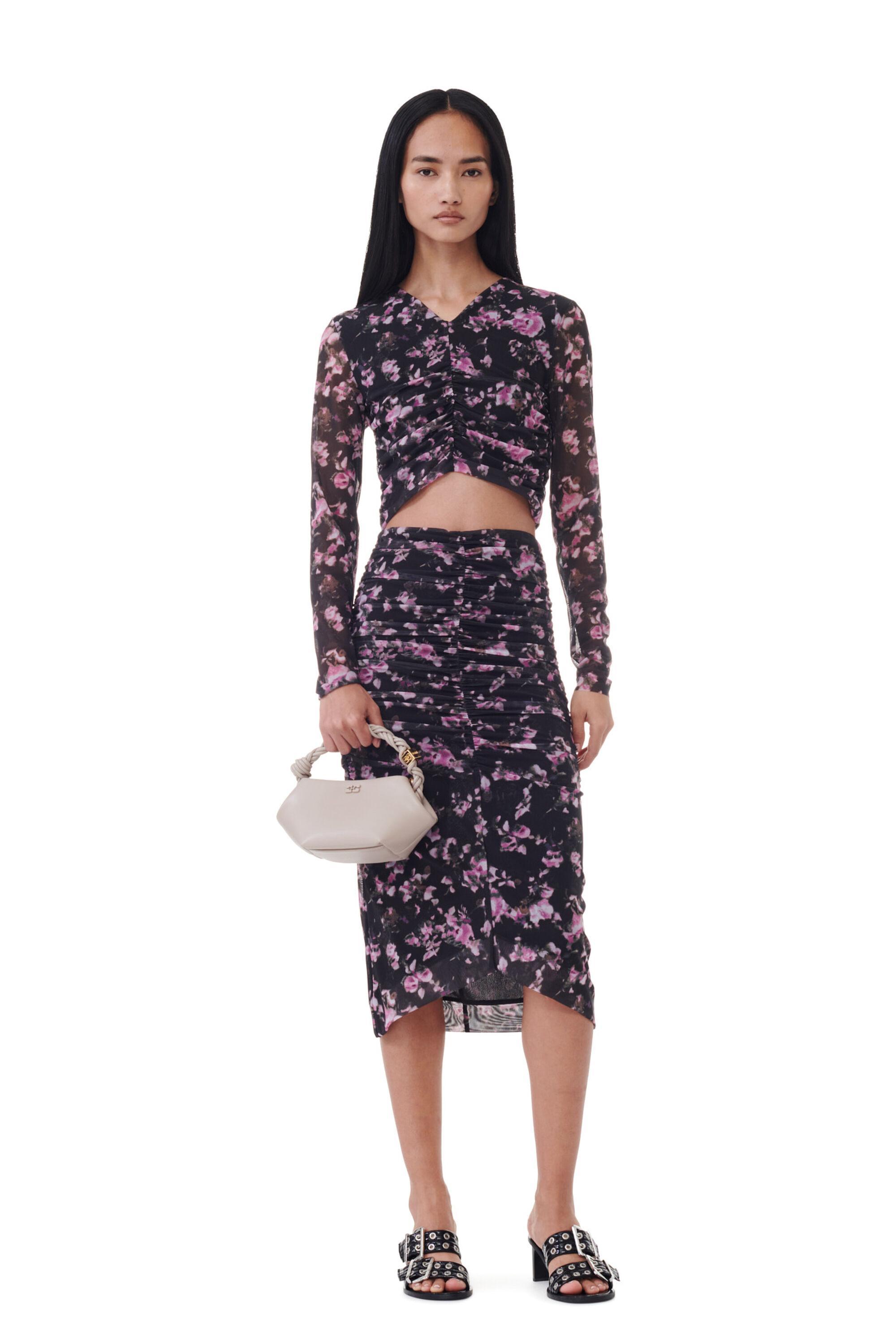 Black Floral Printed Mesh Ruched Midi Skirt Product Image