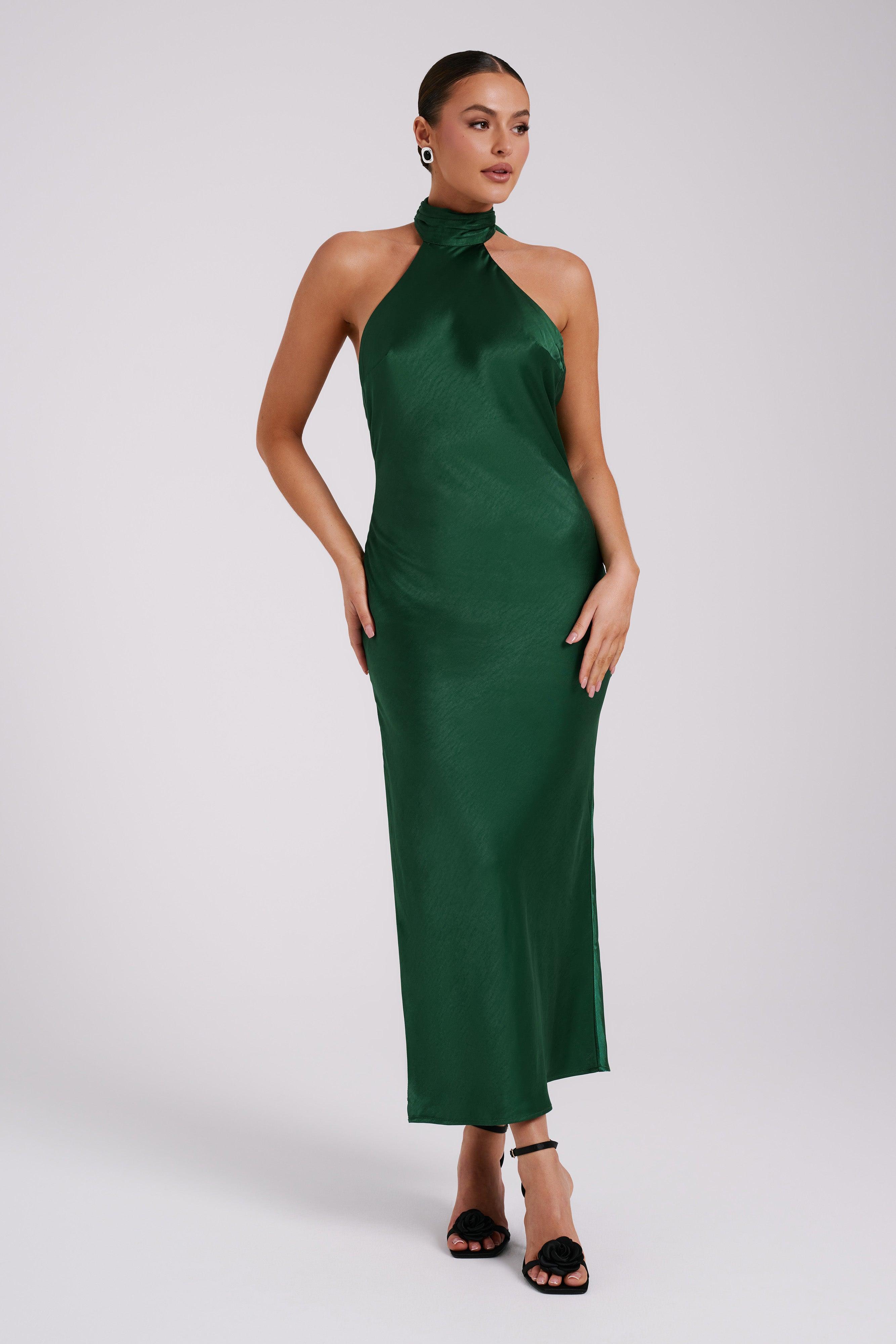 Paulette Satin Midi Dress With Bow - Emerald product image