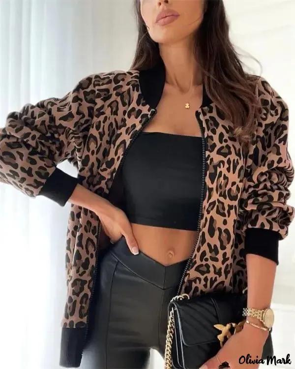 Olivia Mark – Leopard Print Long Sleeve Zip Bomber Jacket Product Image