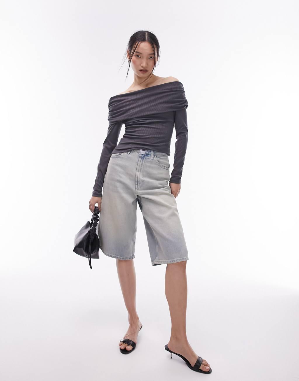 Topshop long sleeve bardot top in slate Product Image