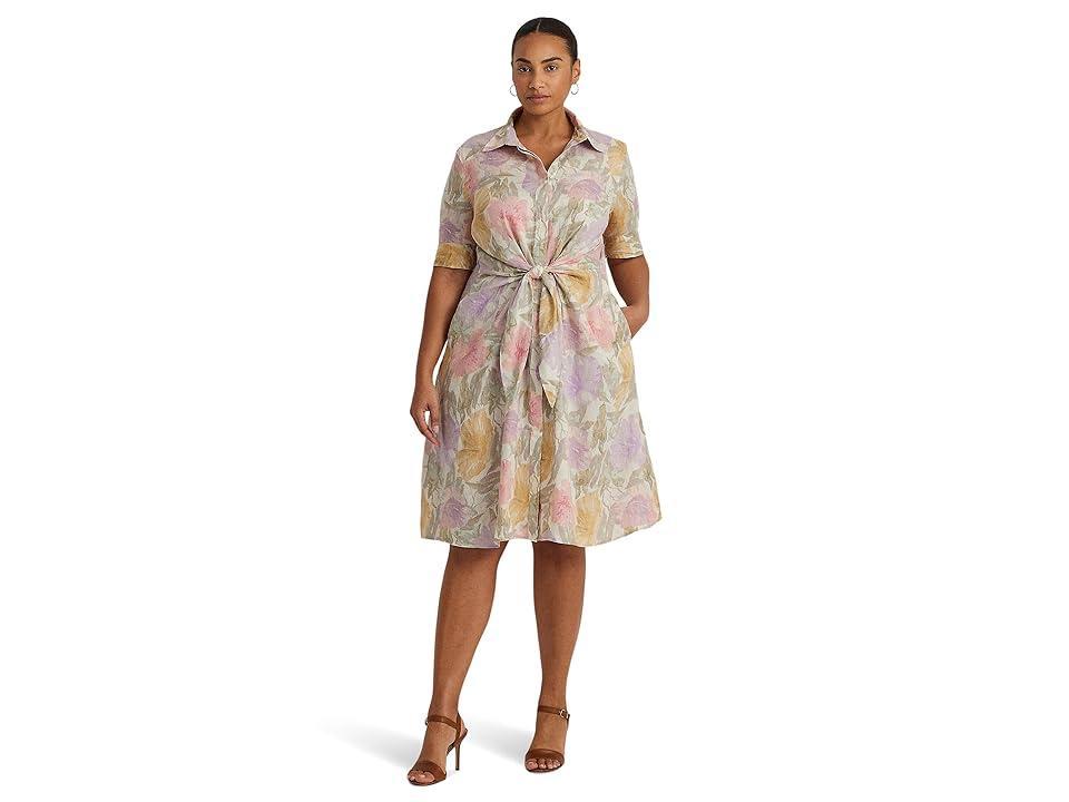 Lauren Ralph Lauren Plus-Size Floral Tie-Front Linen Shirtdress (Cream ) Women's Dress Product Image