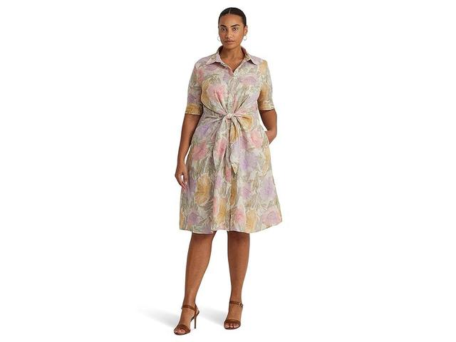 LAUREN Ralph Lauren Plus-Size Floral Tie-Front Linen Shirtdress (Cream ) Women's Dress Product Image