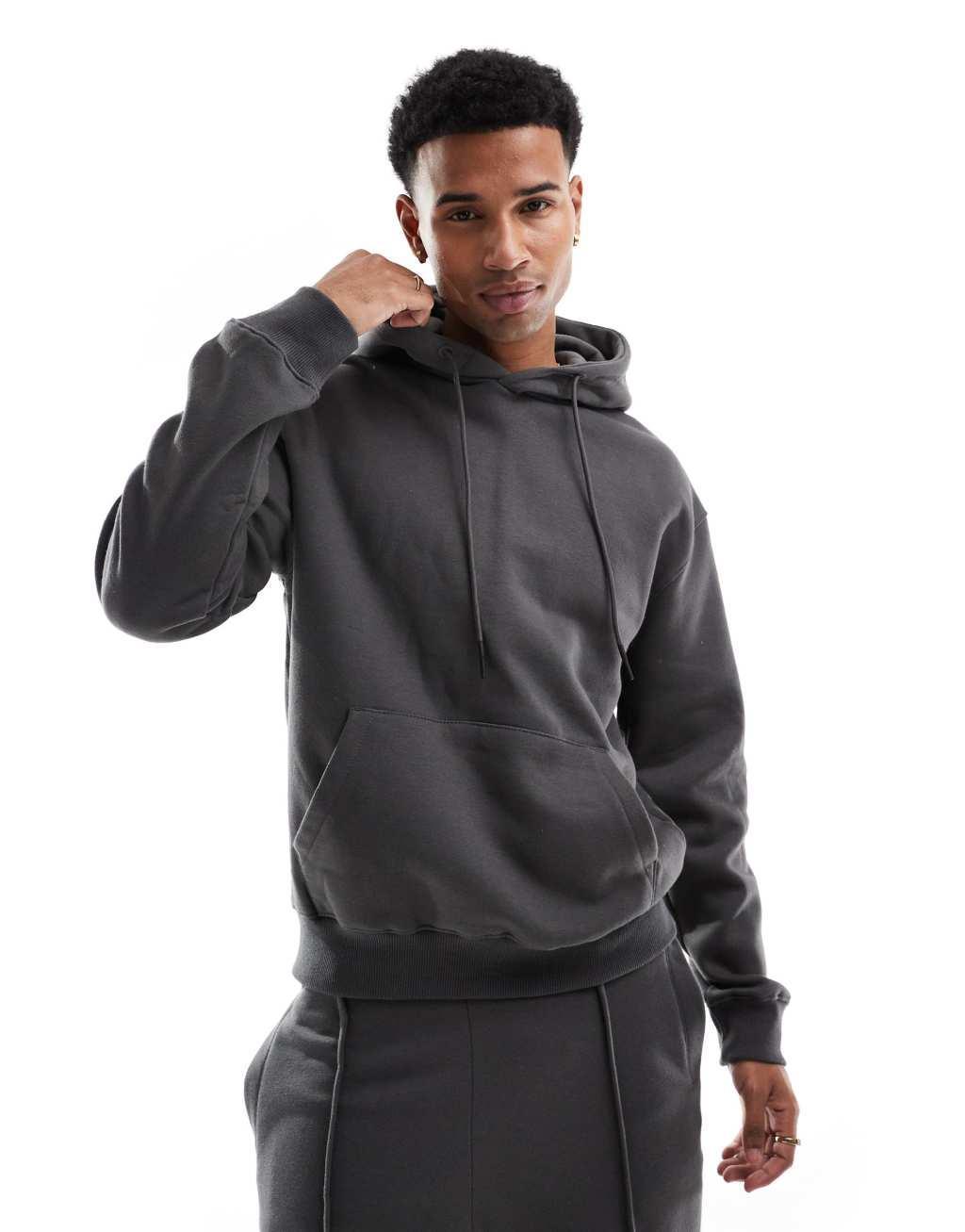 Bershka jersey hoodie and wide leg sweatpants in charcoal Product Image