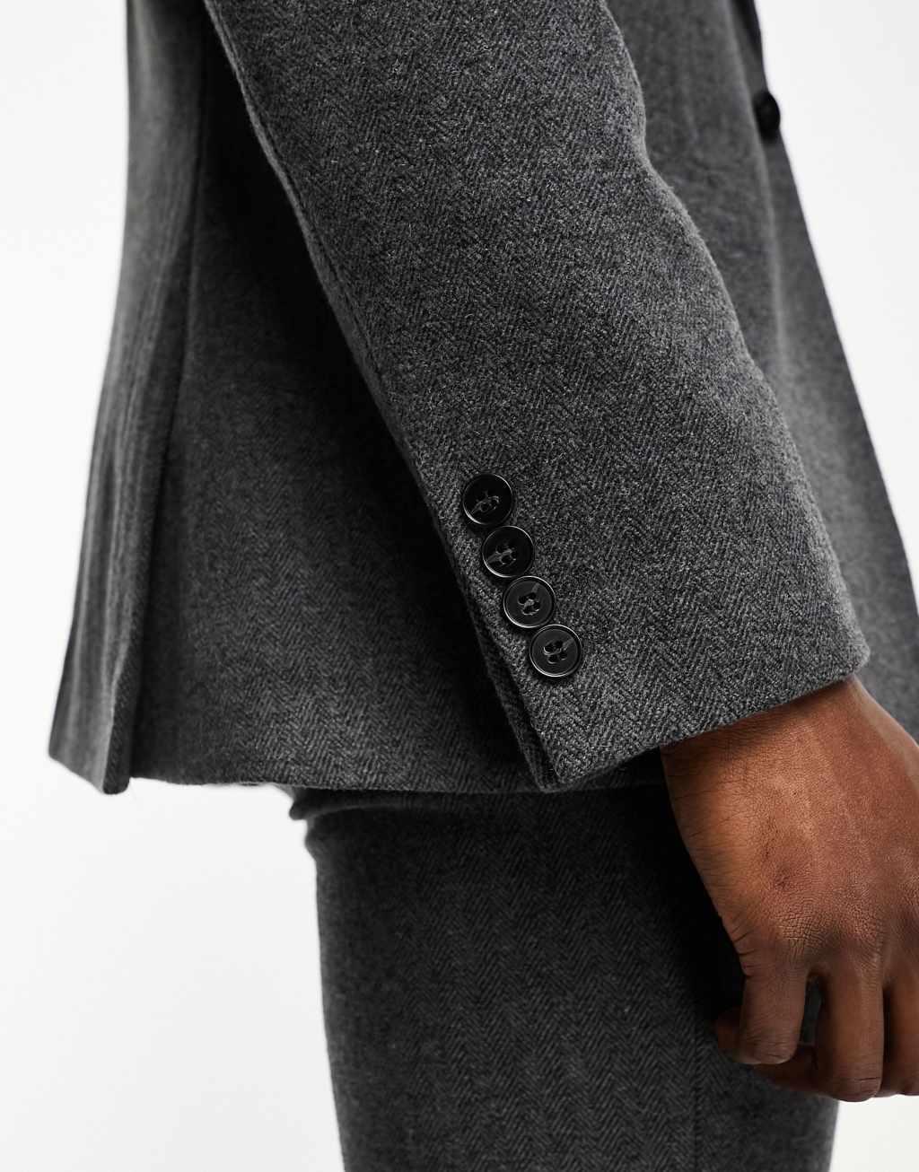 ASOS DESIGN slim wool mix suit jacket in herringbone in charcoal Product Image