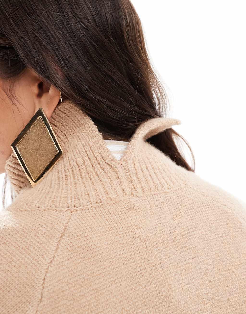 ASOS DESIGN funnel neck sweater with structured sleeve detail in camel Product Image