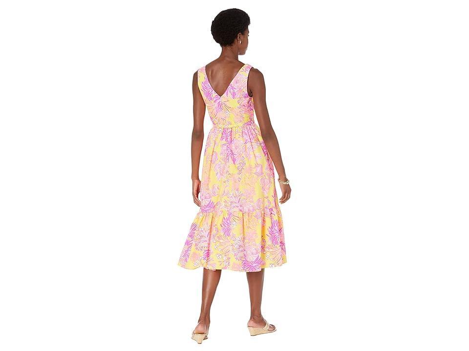 Lilly Pulitzer Bri V-Neck Cotton Midi Dress (Calla Yellow Floral Coral) Women's Clothing Product Image