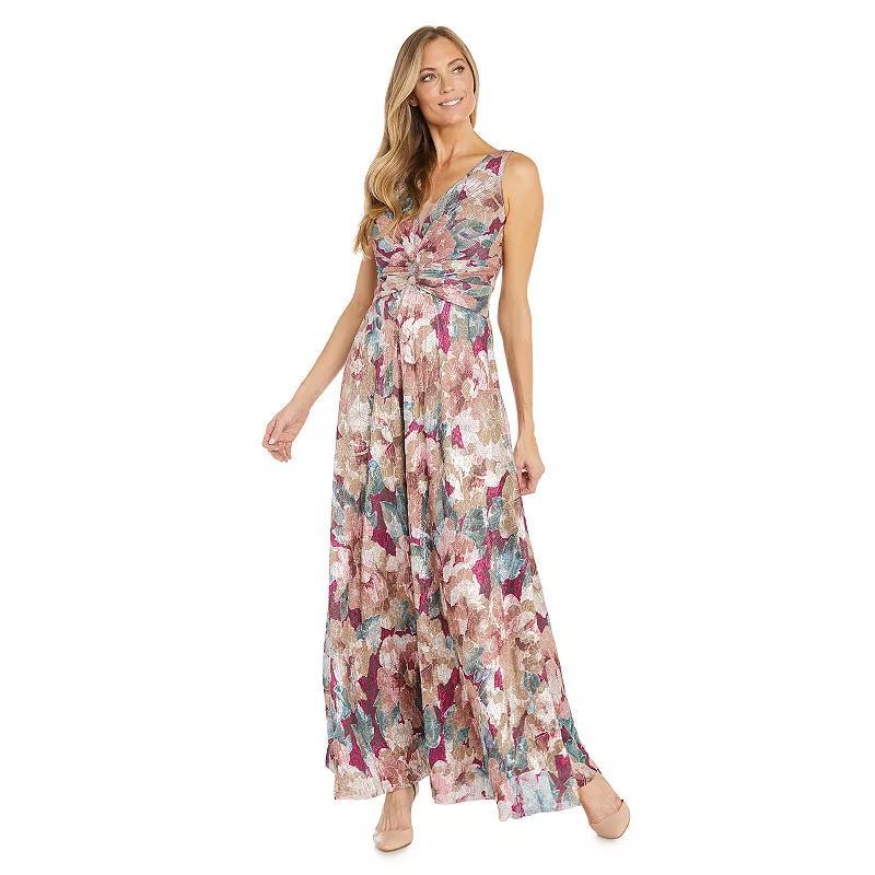 Womens R&M Richards Metallic Floral Print Ruched Waist V-Neck Maxi Dress Pink Product Image