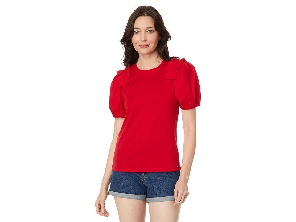 Tommy Hilfiger Mixed Meida Puff Sleeve Top (Scarlet) Women's Clothing Product Image