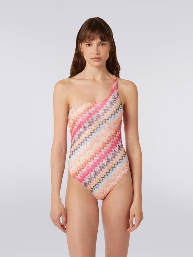 One-shoulder one-piece swimming costume in chevron viscose Product Image