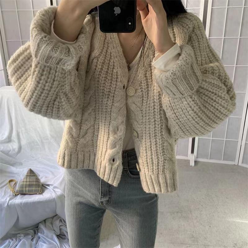 V-Neck Plain Cable Knit Button-Up Crop Cardigan Product Image