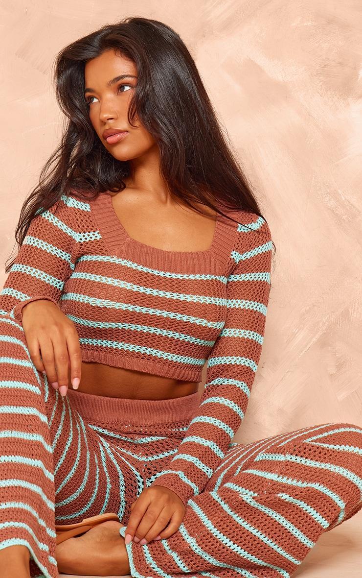 Mocha Stripe Crochet Knit Square Neck Long Sleeve Top Product Image