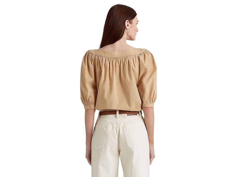 LAUREN Ralph Lauren Cotton Broadcloth Puff-Sleeve Shirt (Birch Tan) Women's Clothing Product Image