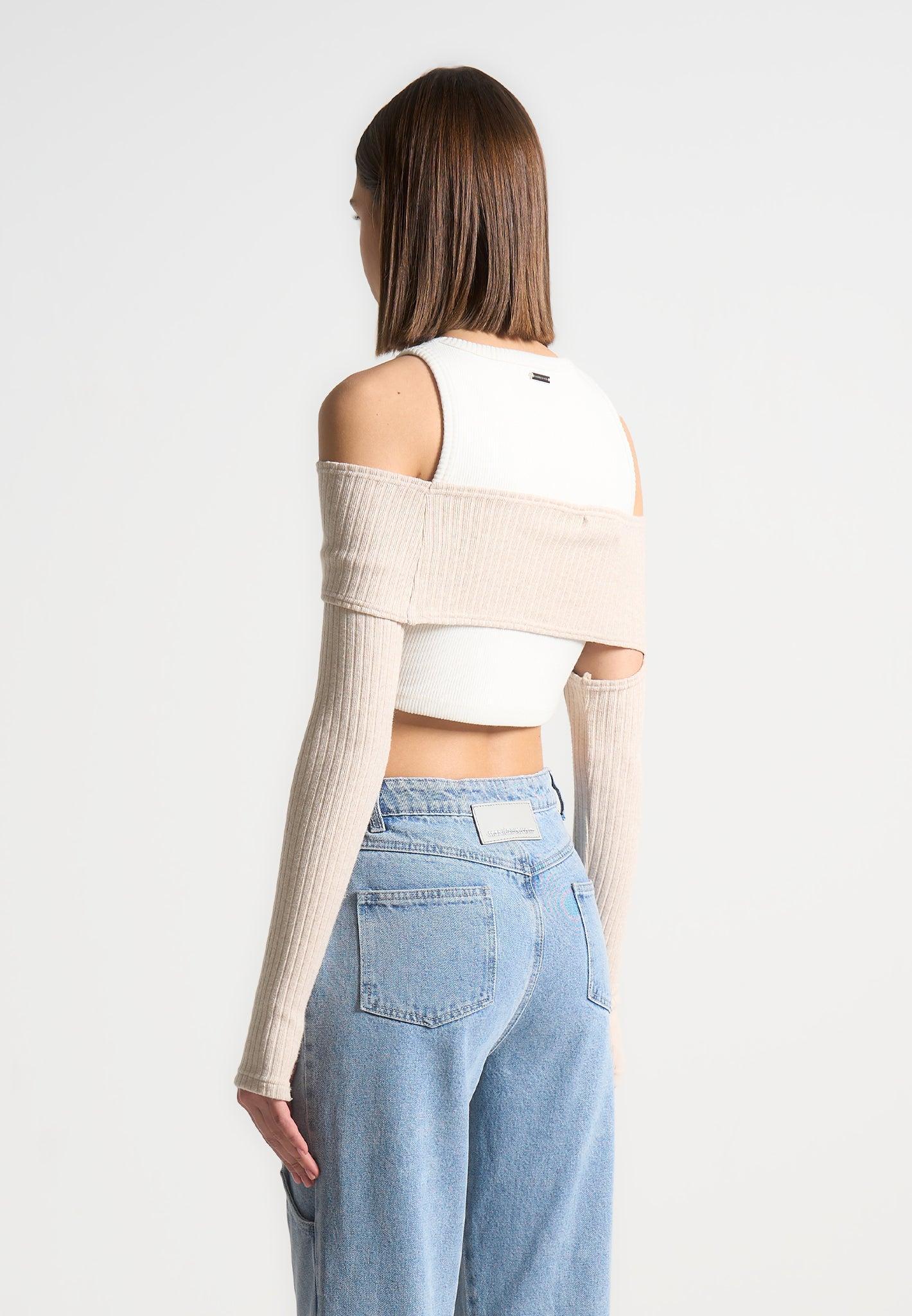 Crop Top with Knitted Overlay - White/Beige Female Product Image