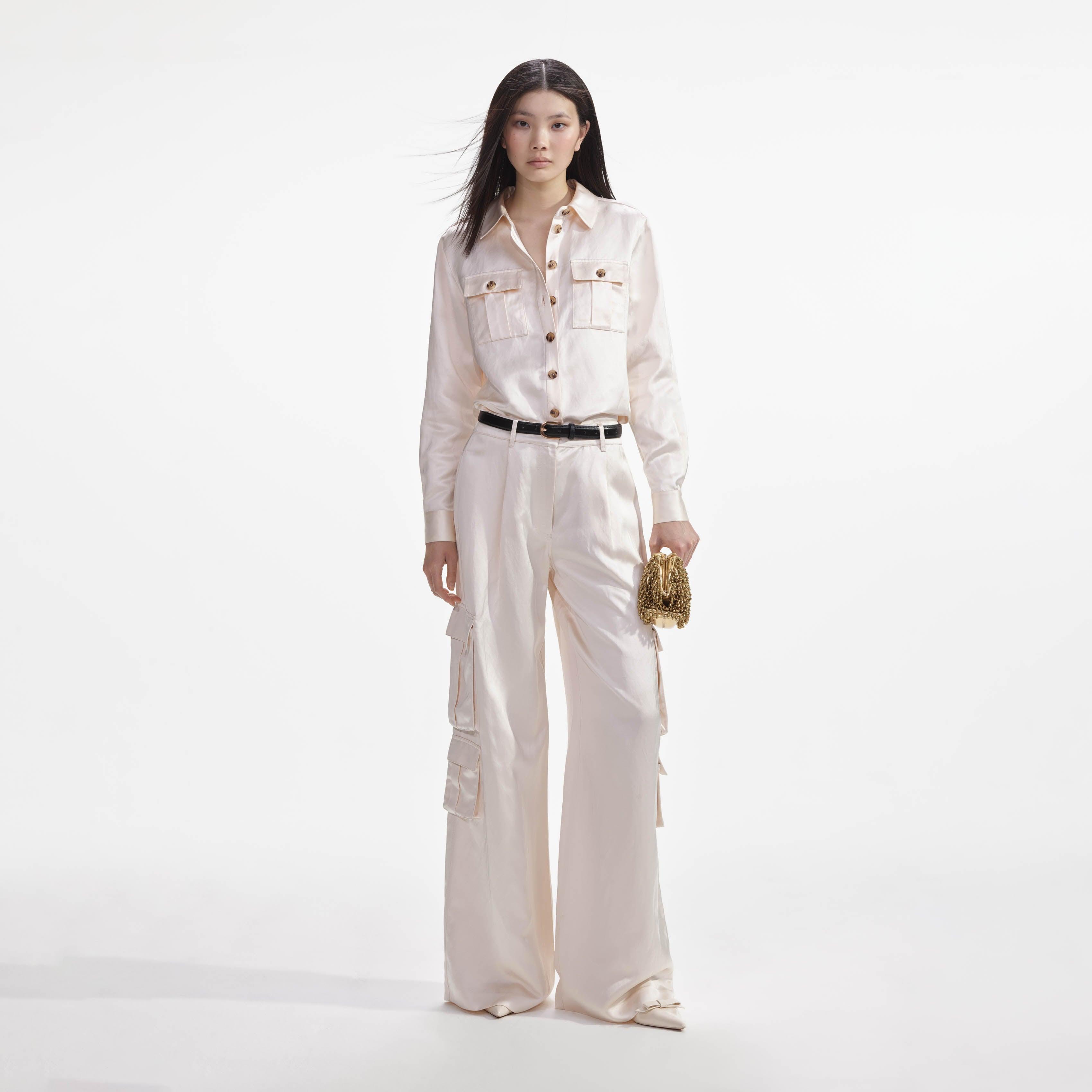 Cream Satin Cargo Trousers product image