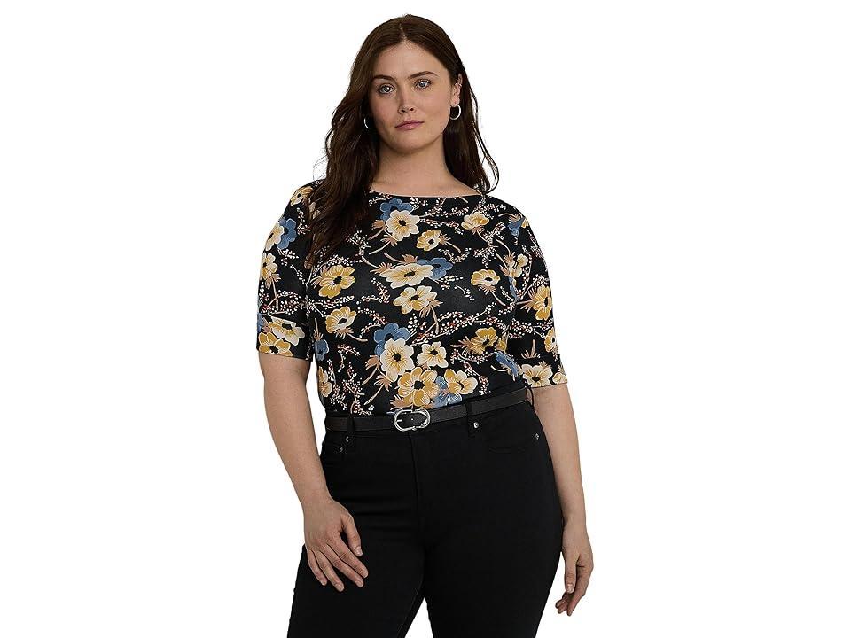 LAUREN Ralph Lauren Plus Size Floral Stretch Cotton Boatneck Tee Multi) Women's Clothing Product Image