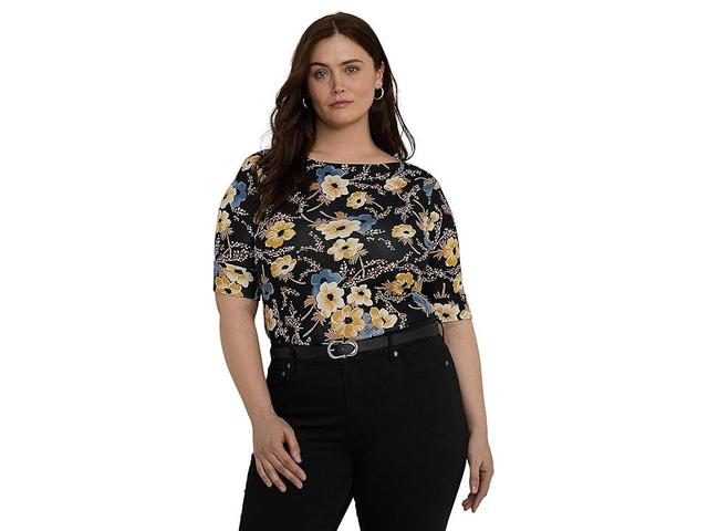 Lauren Ralph Lauren Plus Size Floral Stretch Cotton Boatneck Tee Multi) Women's Clothing Product Image