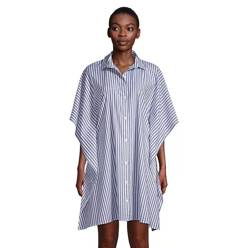 Petite Lands End Poplin Swim Cover-Up Shirtdress, Womens Blue Vertical Stripe Product Image