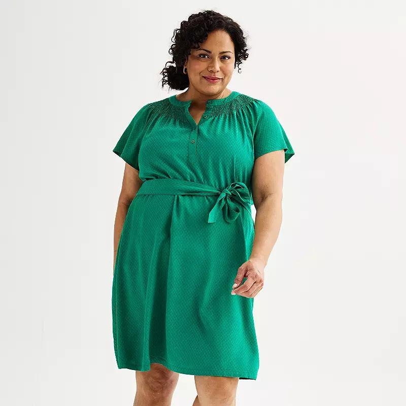 Plus Size Croft & Barrow Smocked Button Front Tie Waist Short Sleeve Dress, Womens Product Image