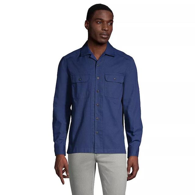 Mens Lands End Traditional-Fit Textured Camp-Collar Button-Down Shirt Deep Blue Product Image