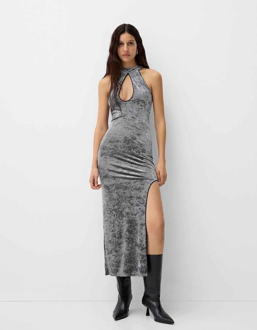 Velvet midi dress with teardrop neckline Product Image