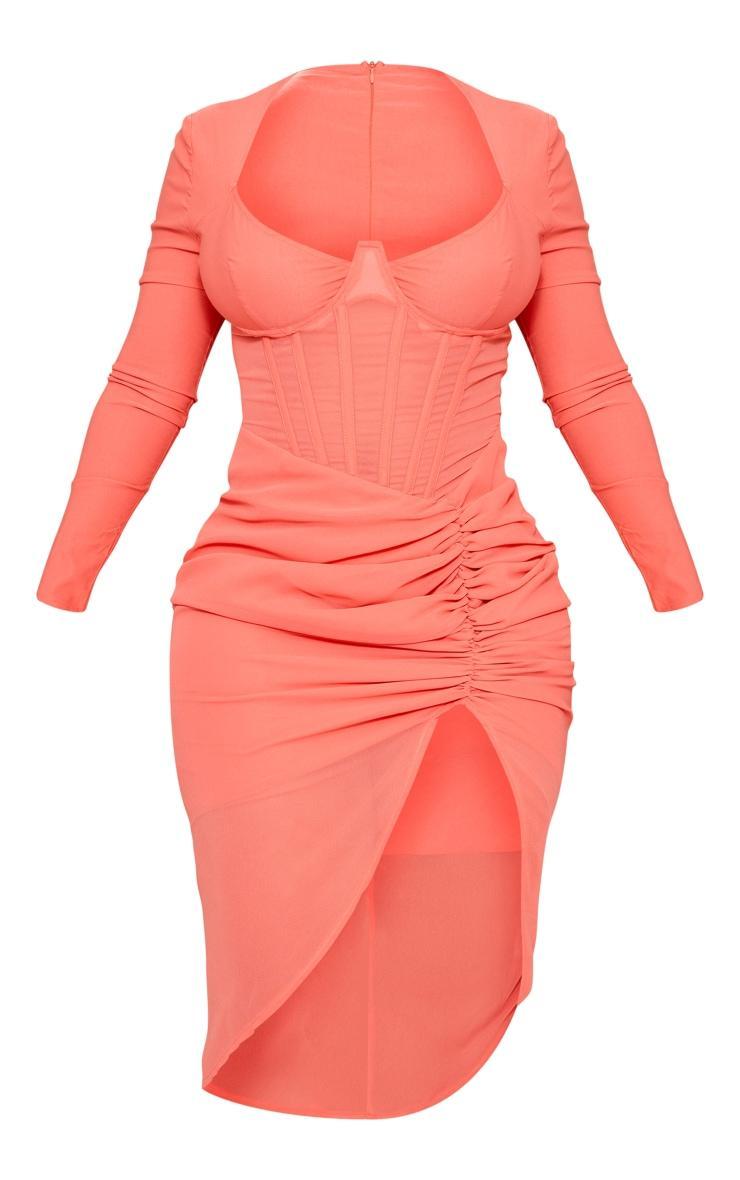 Shape Pink Corset Detail Long Sleeve Ruched Midi Dress Product Image