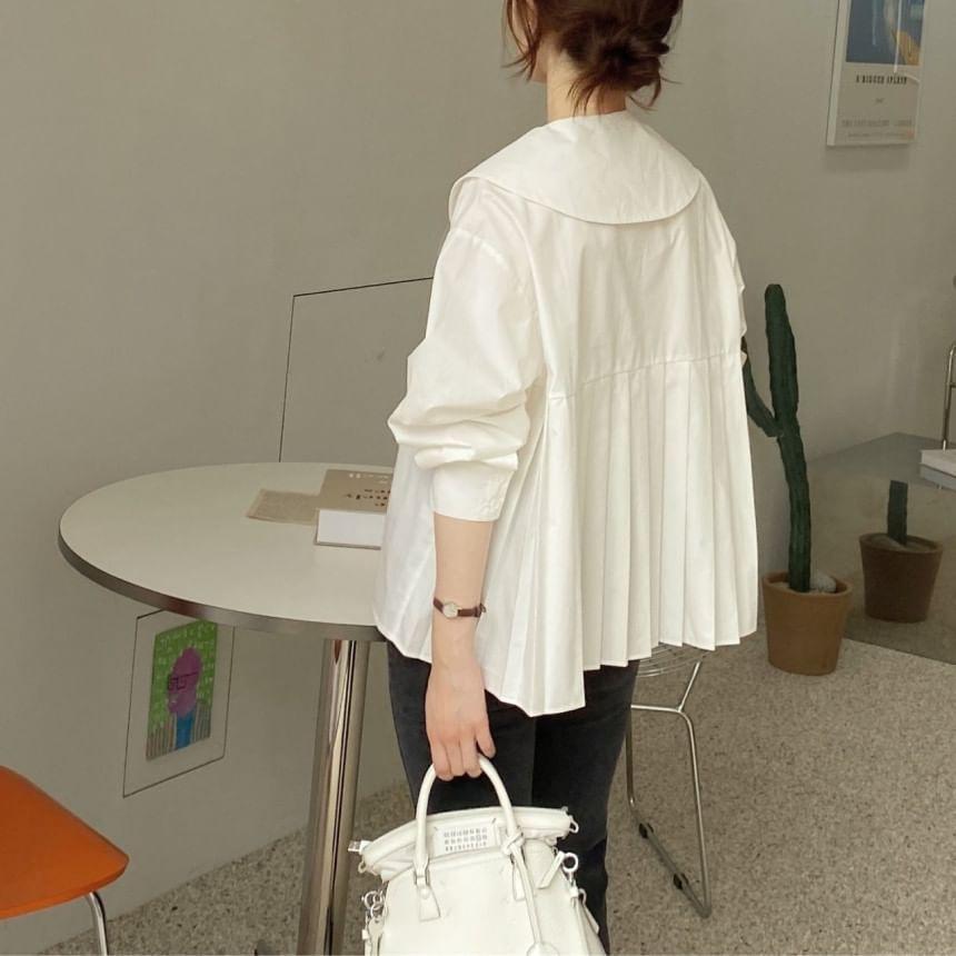 Long-Sleeve Button-Up Plain Babydoll Blouse Product Image