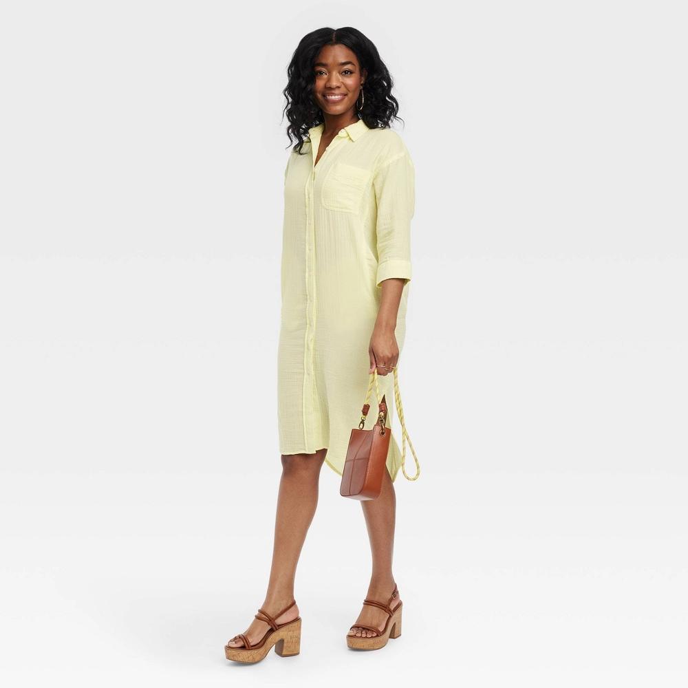 Women's 3/4 Sleeve Midi Shirtdress - Universal Thread™ Yellow S Product Image