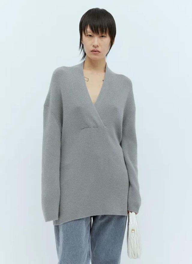 Overlapped V Neck Knit Sweater In Grey Product Image