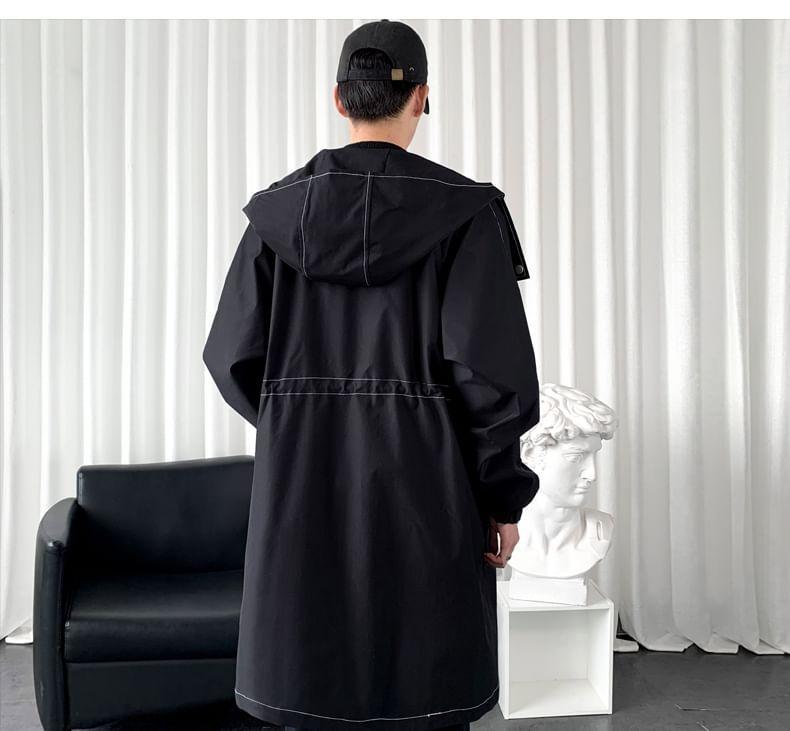 Plain Contrast Stitching Hooded Midi Zip Coat Product Image