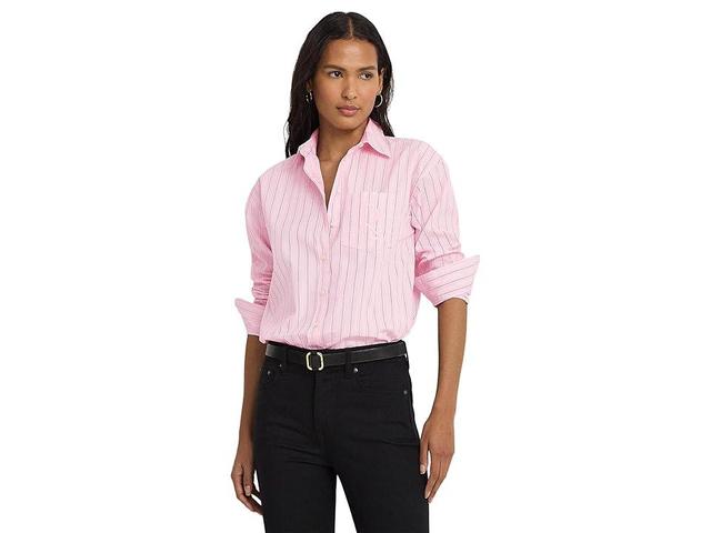 LAUREN Ralph Lauren Relaxed Fit Striped Broadcloth Shirt White Multi) Women's Clothing Product Image