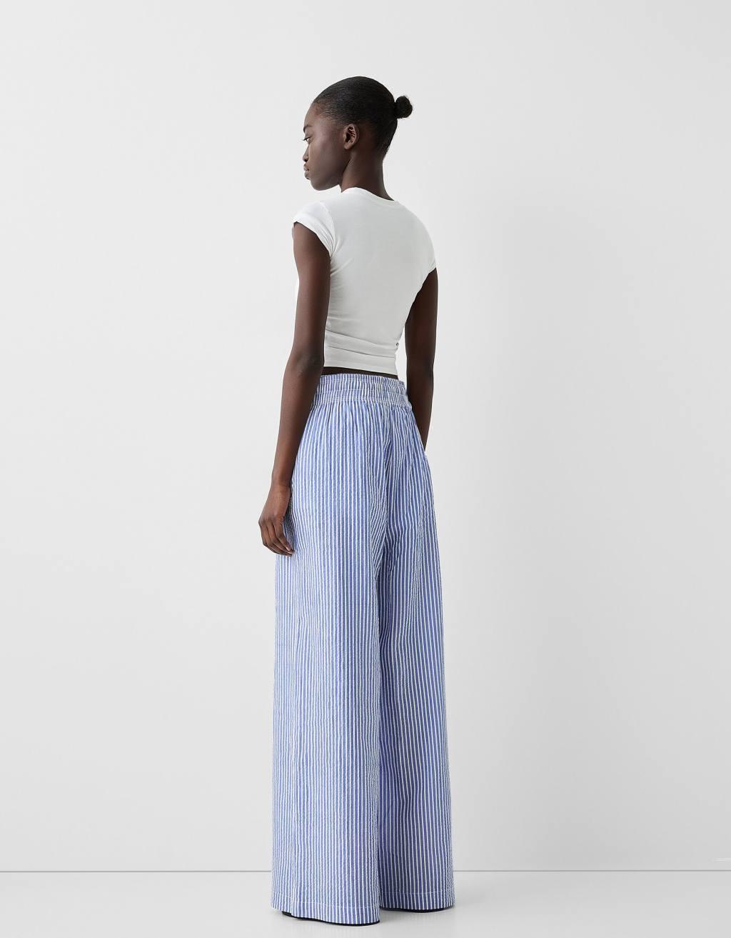 Bershka deep waistband wide leg pants in blue stripe Product Image