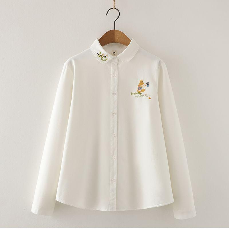 Long Sleeve Collared Floral Embroidered Shirt Product Image