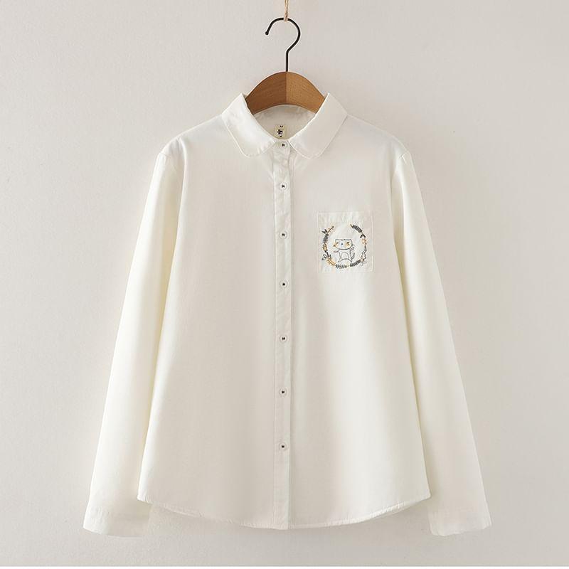 Long Sleeve Collared Floral Embroidered Shirt Product Image