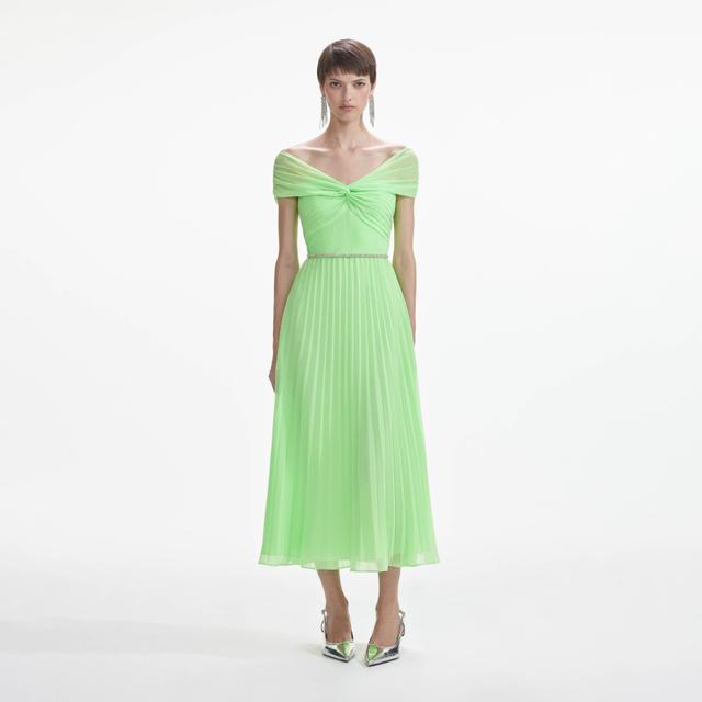 Green Off Shoulder Chiffon Midi Dress Product Image